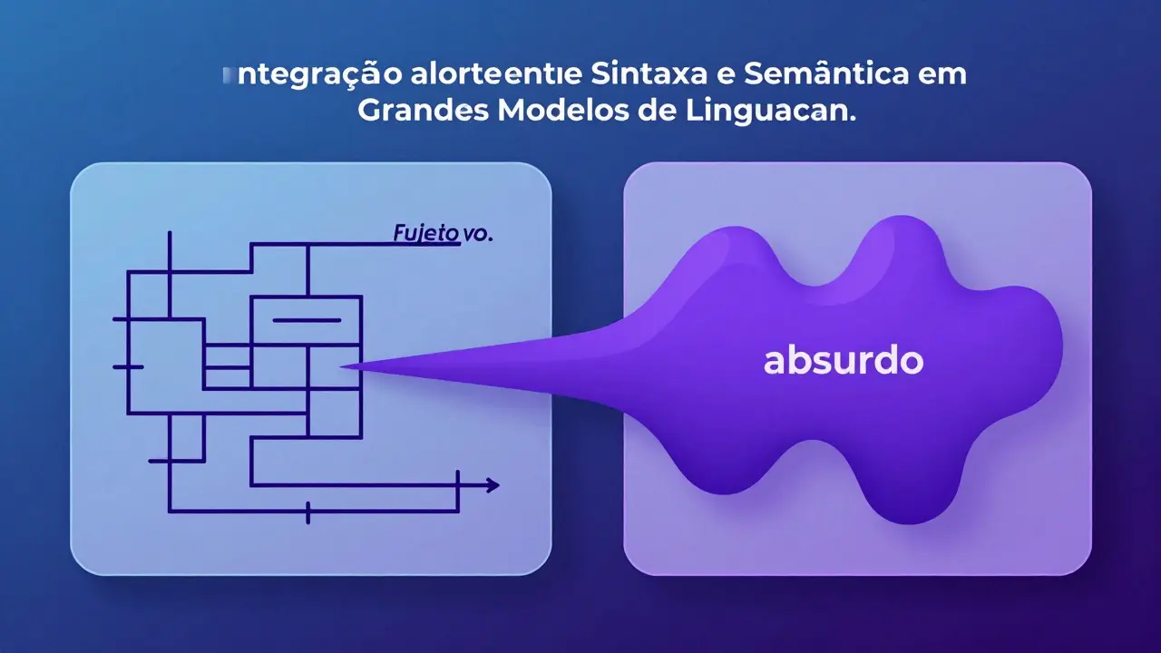 Representação artística da fusão entre sintaxe e semântica em IAs, demonstrando como a estrutura gramatical e o significado das palavras influenciam mutuamente a compreensão do modelo.