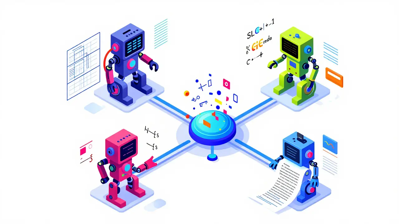 Representação artística de diferentes frameworks de IA processando lógica, visão e código simultaneamente