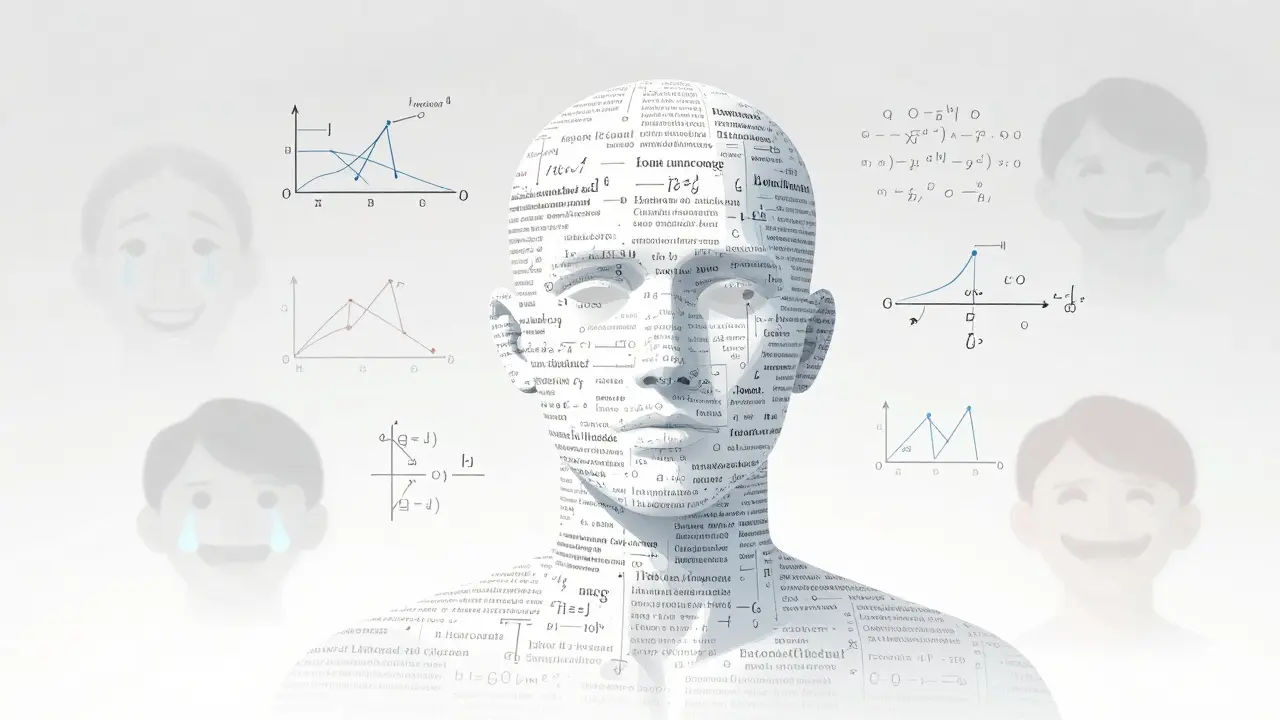 Rosto feito de equações matemáticas e dados