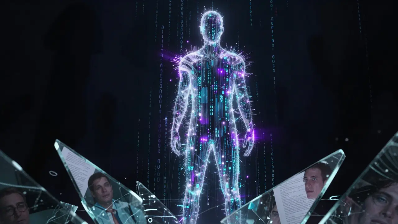 Silhueta humana fragmentada por dados digitais simbolizando riscos de privacidade
