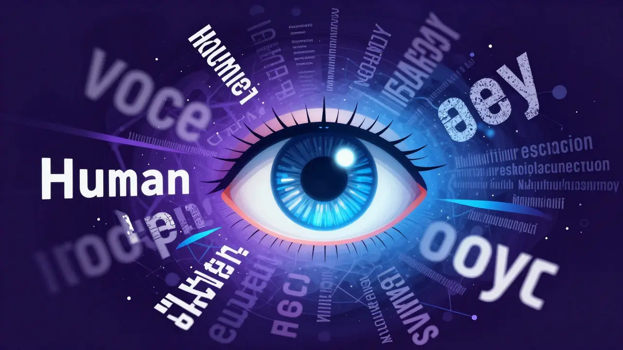Abstract eye analyzing text clouds, symbolizing human detection of AI errors