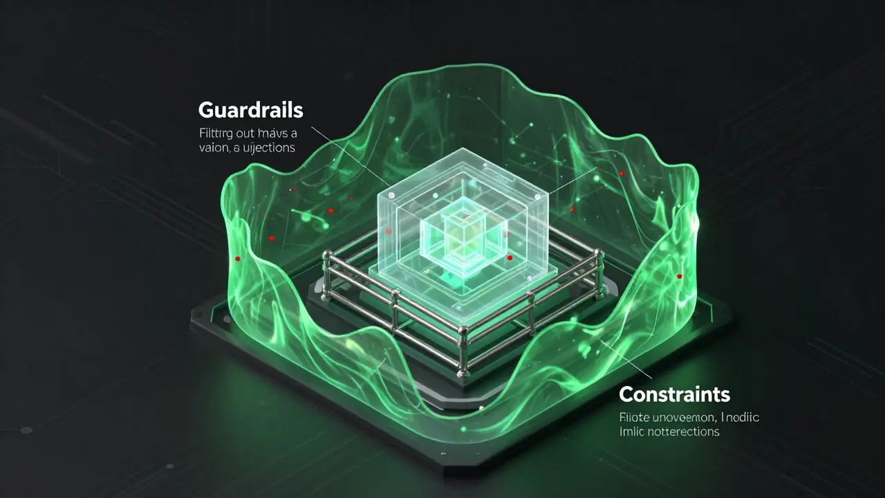 Diagrama conceitual de camadas de segurança: guardrails e restrições