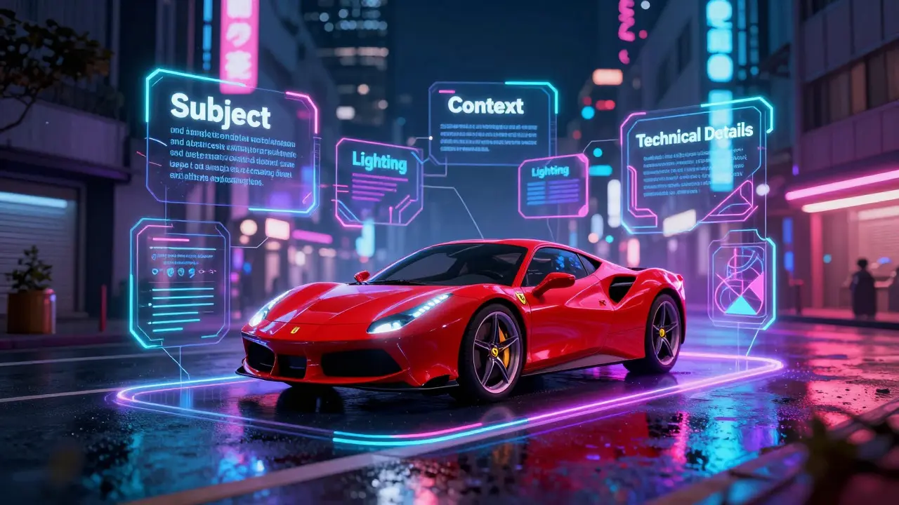 Diagrama conceitual de um prompt com um carro vermelho em estilo cyberpunk