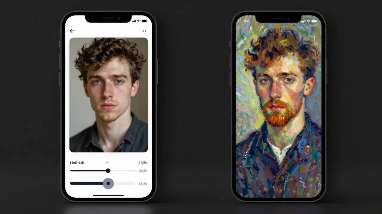 Ecrã de iPhone a dividir estilos realista e impressionista de arte por IA