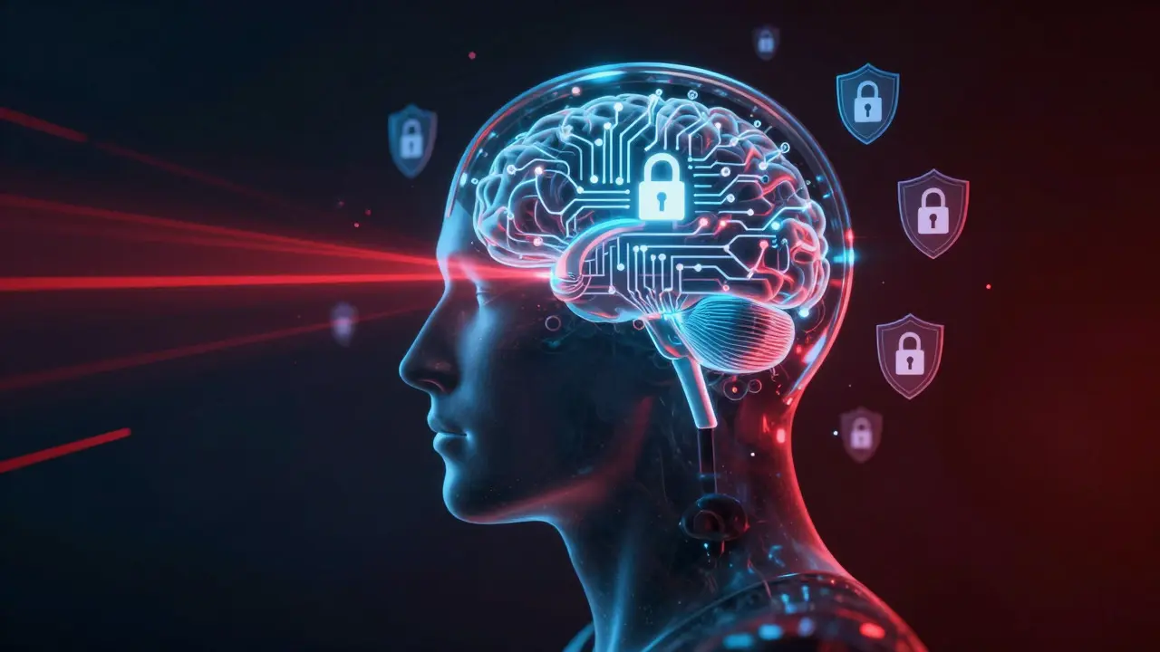 Glass head silhouette with internal circuits protected by digital shields against red laser threats.