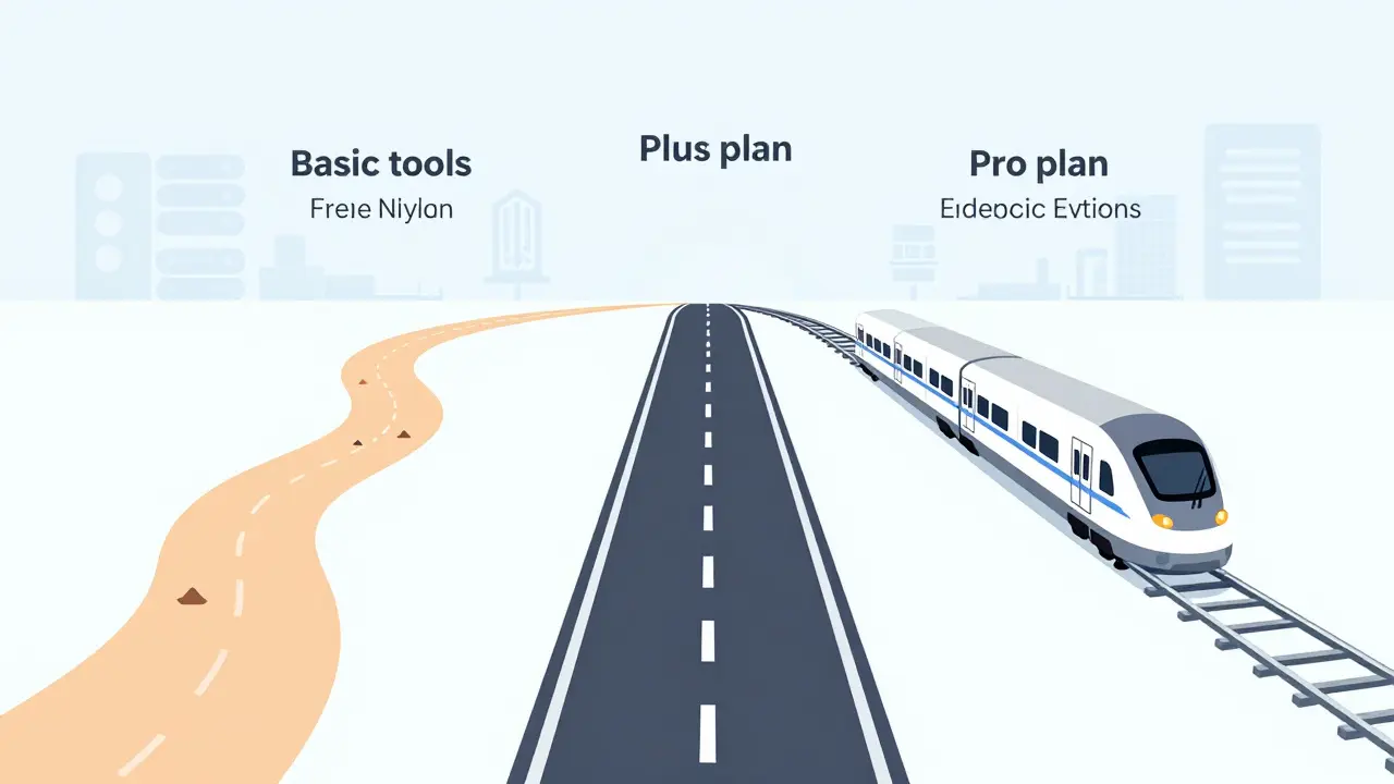 Gráfico minimalista comparando caminhos dos planos gratuito, Plus e Pro da IA