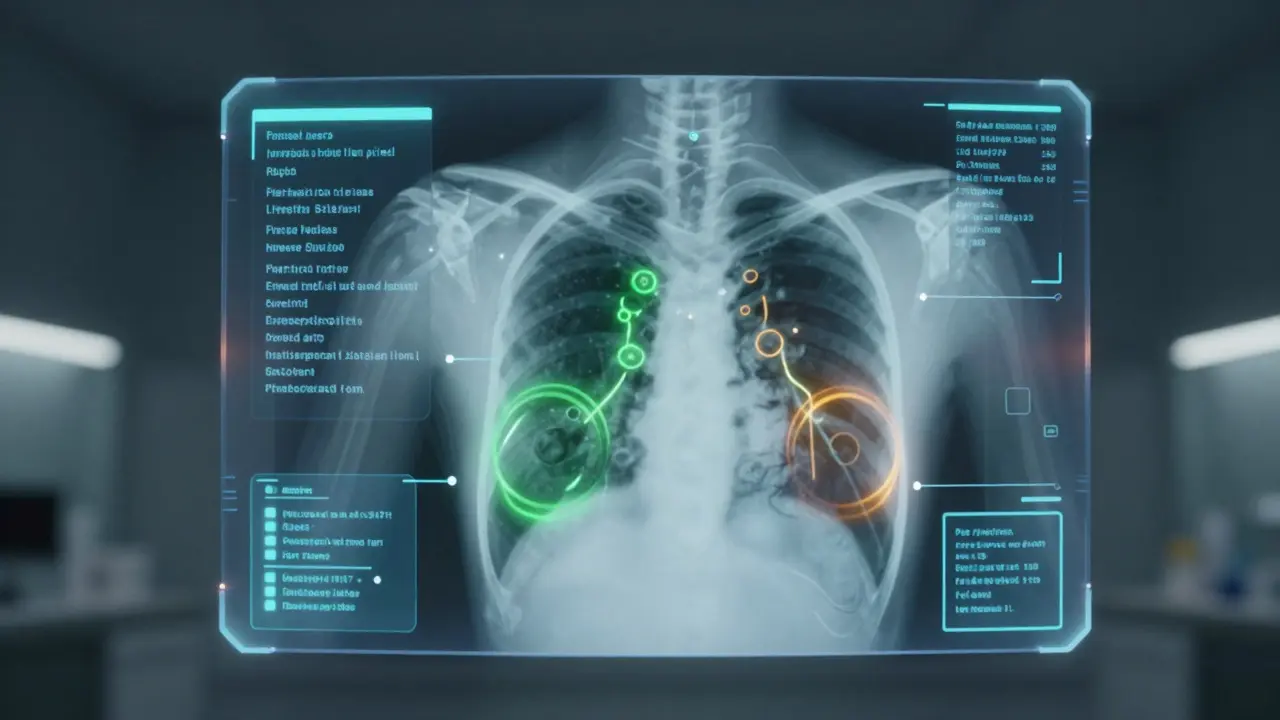Interface futurística de IA analisando um raio-X com dados de texto sobrepostos em verde e âmbar.
