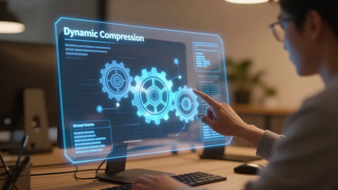 Interface holográfica futurista ajustando dinamicamente a compressão para manter precisão