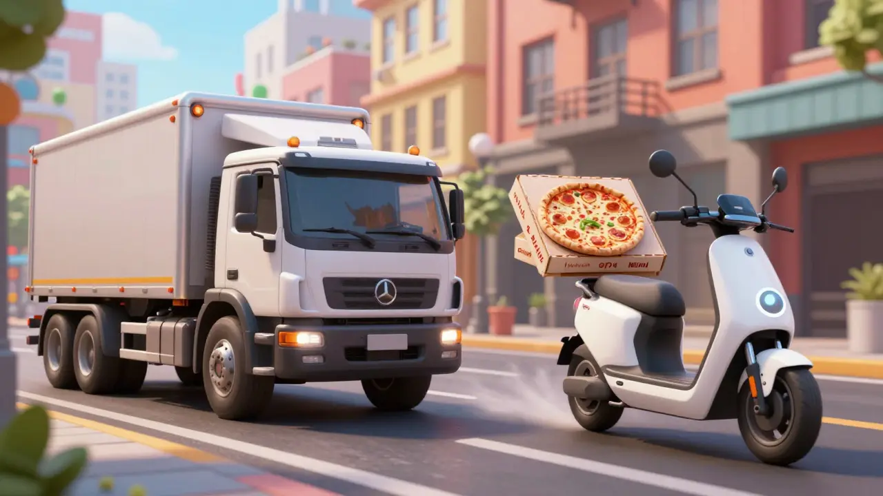 Metáfora visual: um caminhão pesado entrega uma pizza enquanto um scooter leve faz o mesmo rapidamente.