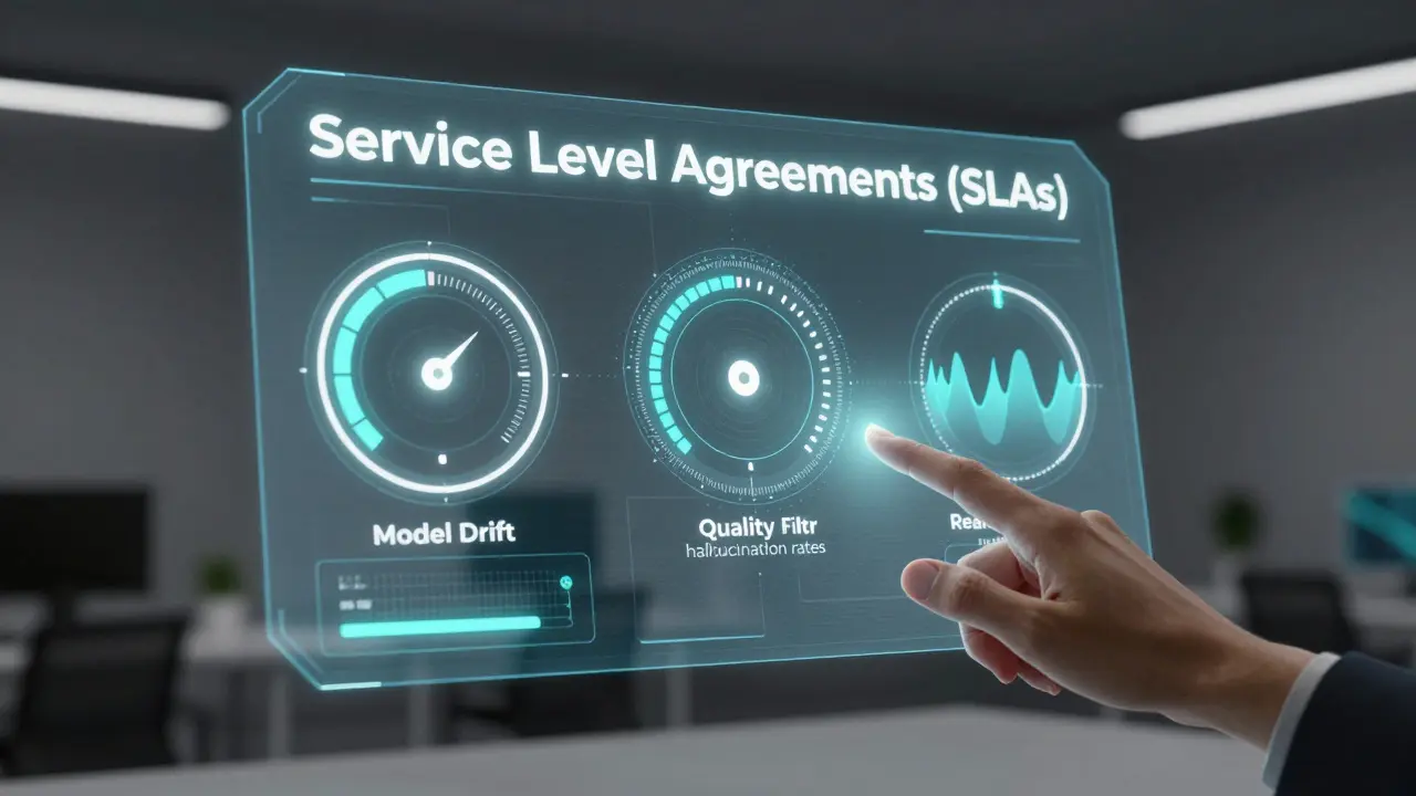 Painel holográfico futurista mostrando métricas de SLA e monitoramento de IA