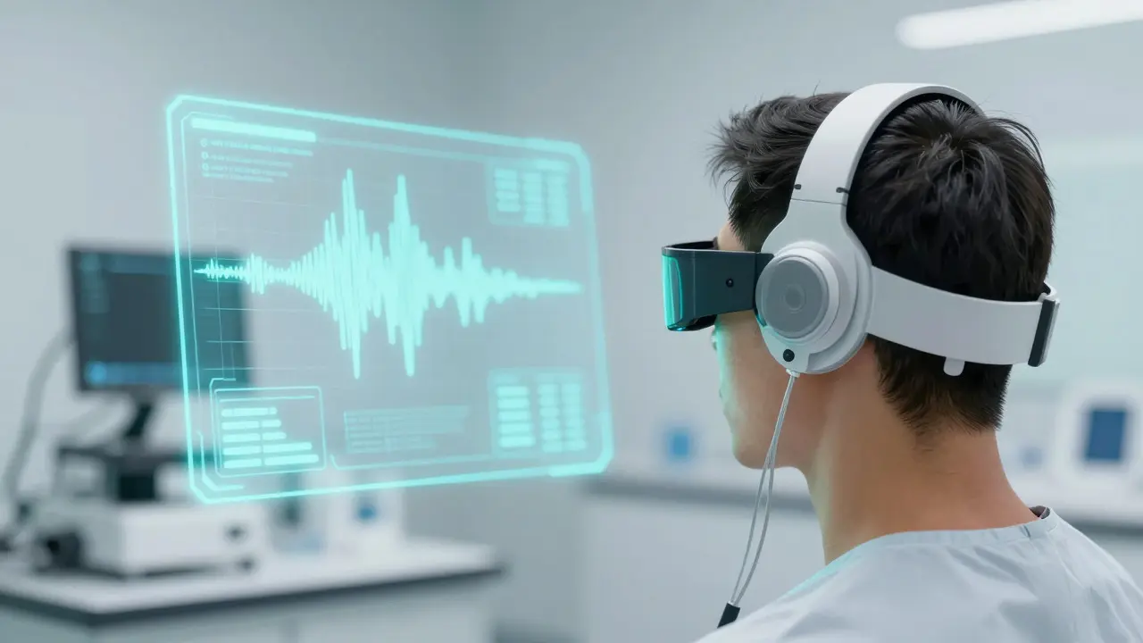 Person wearing a futuristic EEG cap connected to a holographic data display in a modern lab.