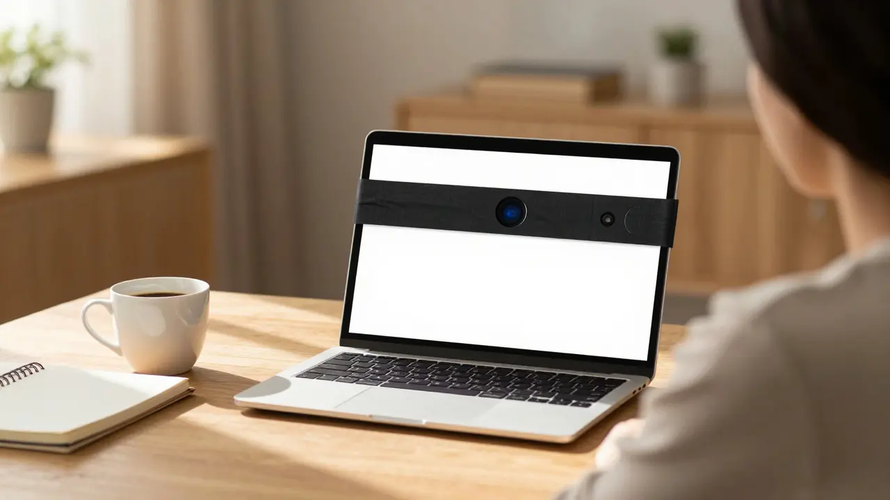 Pessoa protegendo privacidade com tampa na webcam do computador