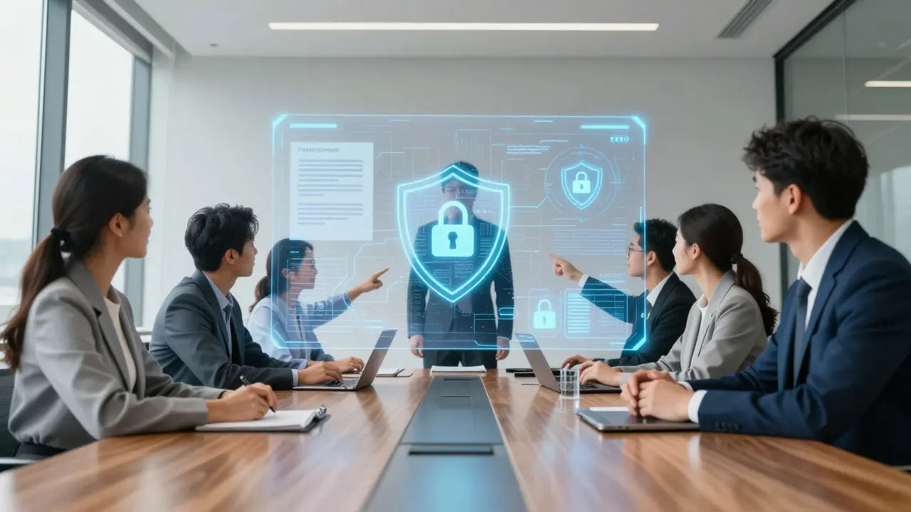 Profissionais analisando interfaces holográficas de leis e privacidade