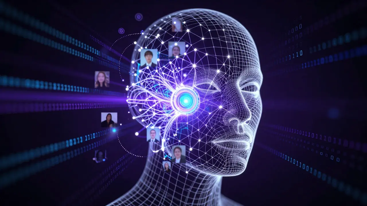 Rosto humano fragmentado em dados digitais e códigos binários abstratos