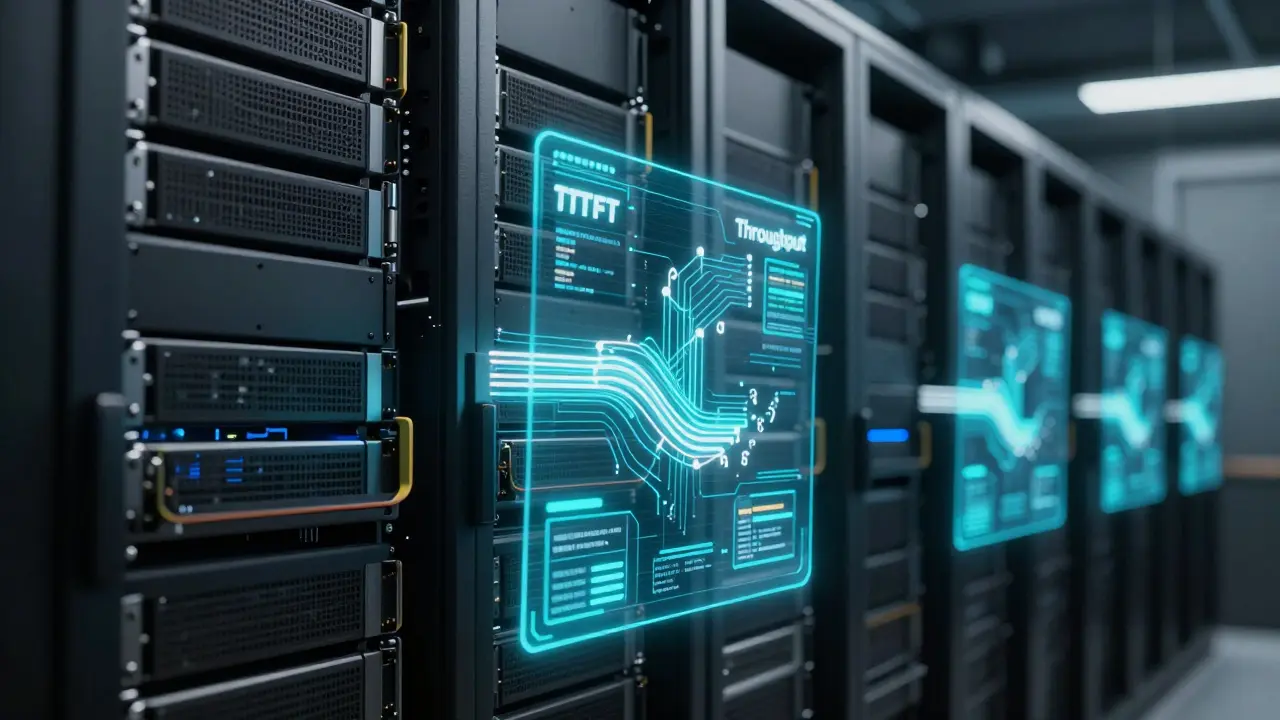Servidores de GPU com hologramas mostrando métricas de velocidade e throughput