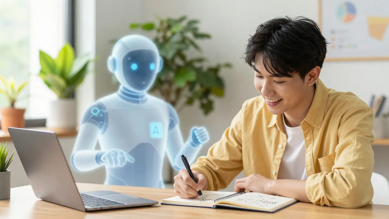 Student writing notes alongside a holographic AI assistant in a bright room