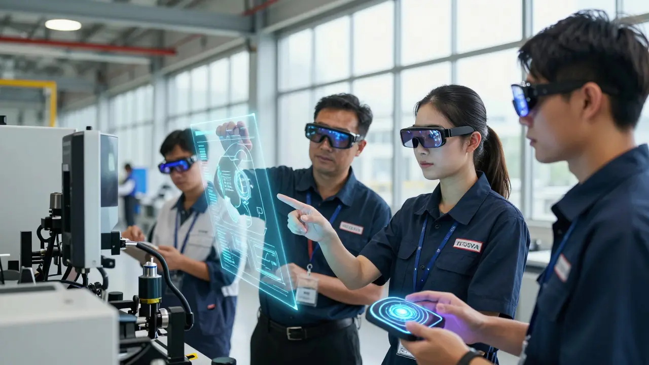Trabalhadores em fábrica moderna usando realidade aumentada para colaborar com IA na manutenção
