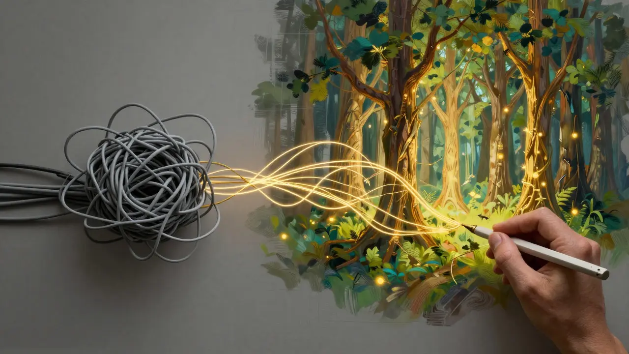 Transformação de ideias caóticas em arte estruturada e brilhante