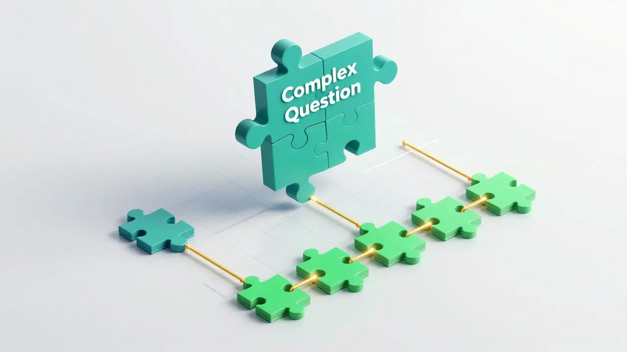 Visualização 3D da técnica Self-Ask decompondo perguntas em etapas verificadas