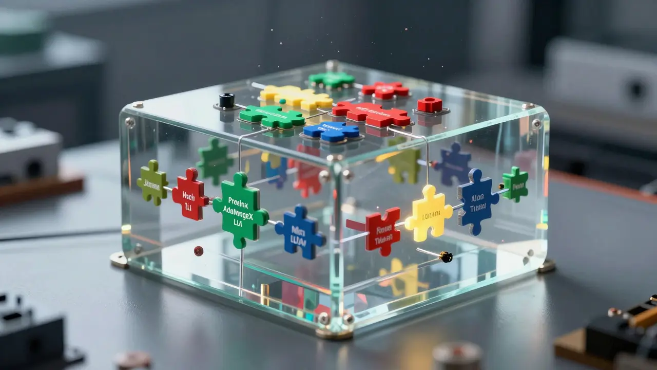 Adaptação modular de um modelo de linguagem usando peças de encaixe representando adaptadores.