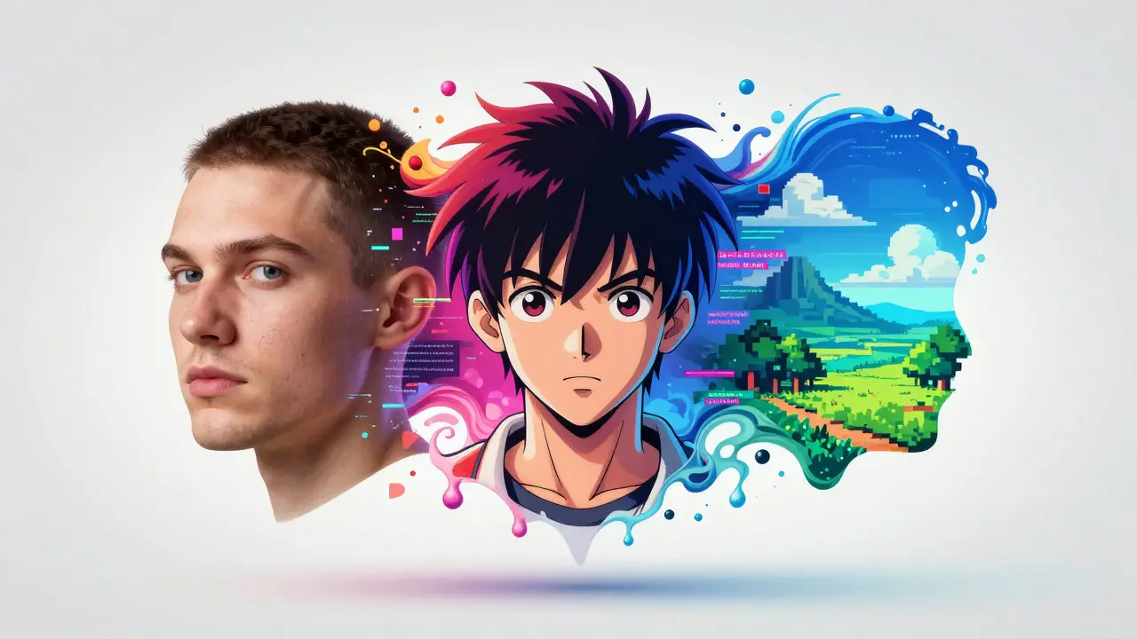 Colagem artística mostrando estilos realista, anime e pixel art emergindo de uma fonte central de dados.