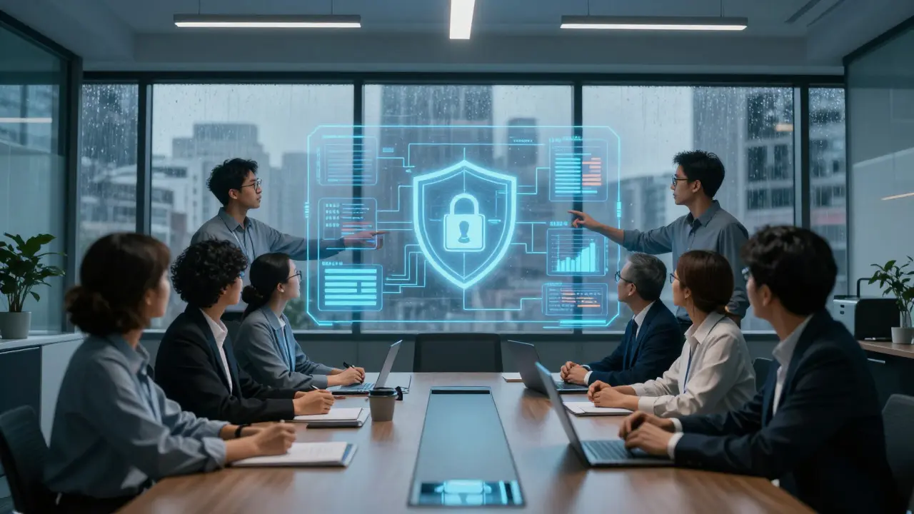 Equipe corporativa analisando um holograma de segurança de dados em sala de reuniões