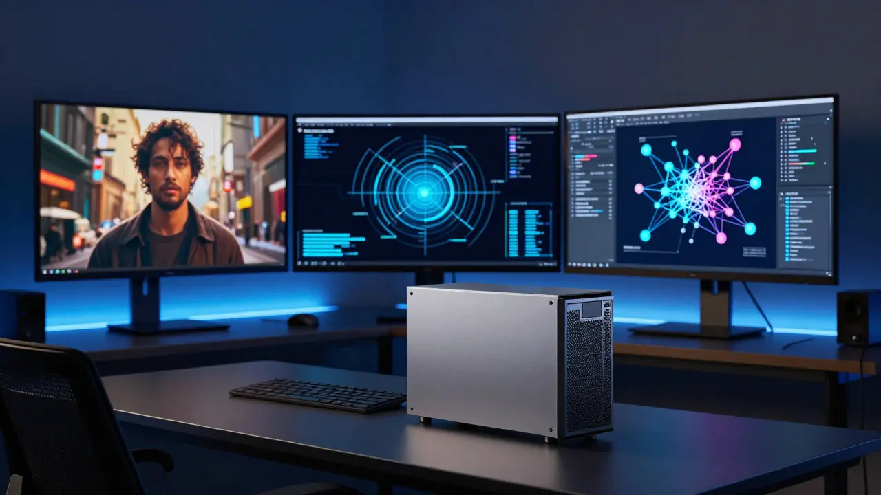 Espaço de trabalho criativo com monitores exibindo imagens de IA e hardware potente