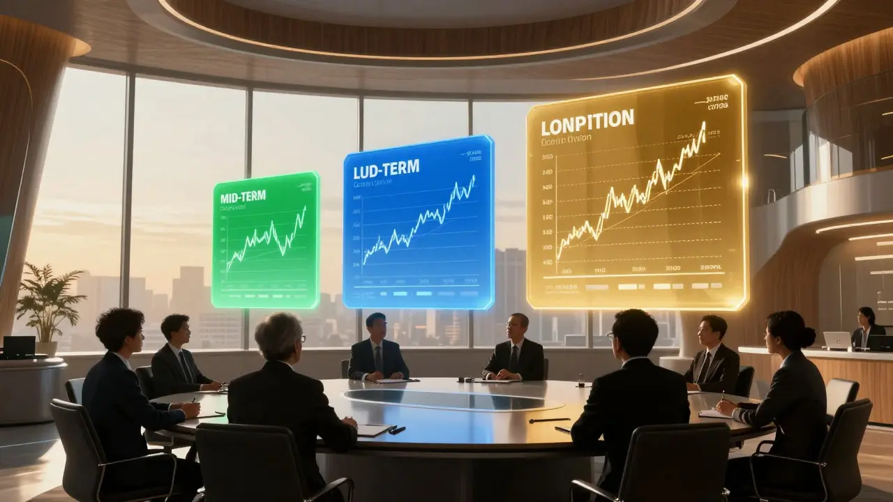 Executive team observing layered digital projections of ROI metrics