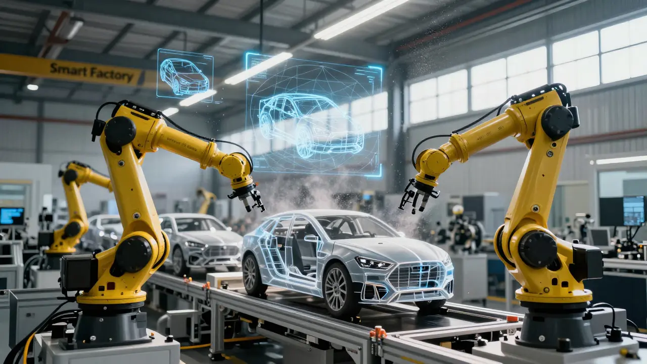 Fábrica inteligente com braços robóticos e designs digitais