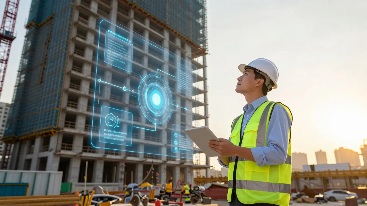 Gerente usando assistente de segurança na obra com AR