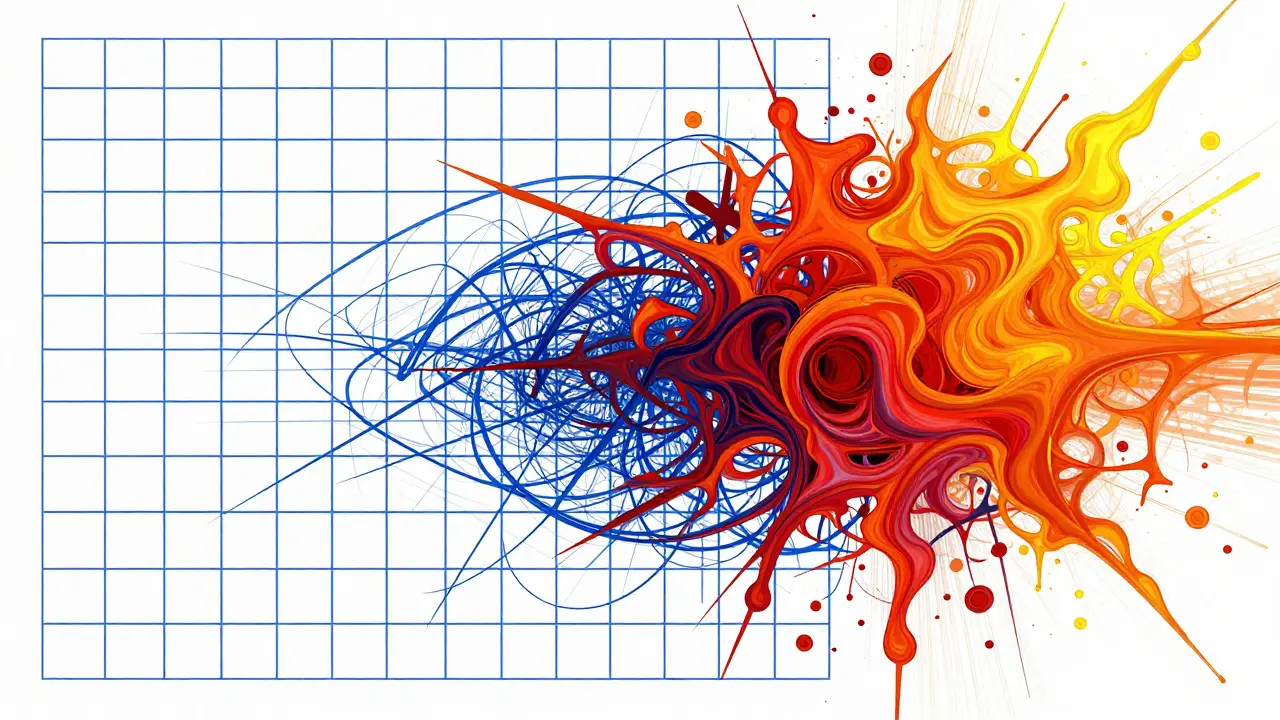 Ilustração abstrata de linhas geométricas quebrando-se em traços orgânicos coloridos