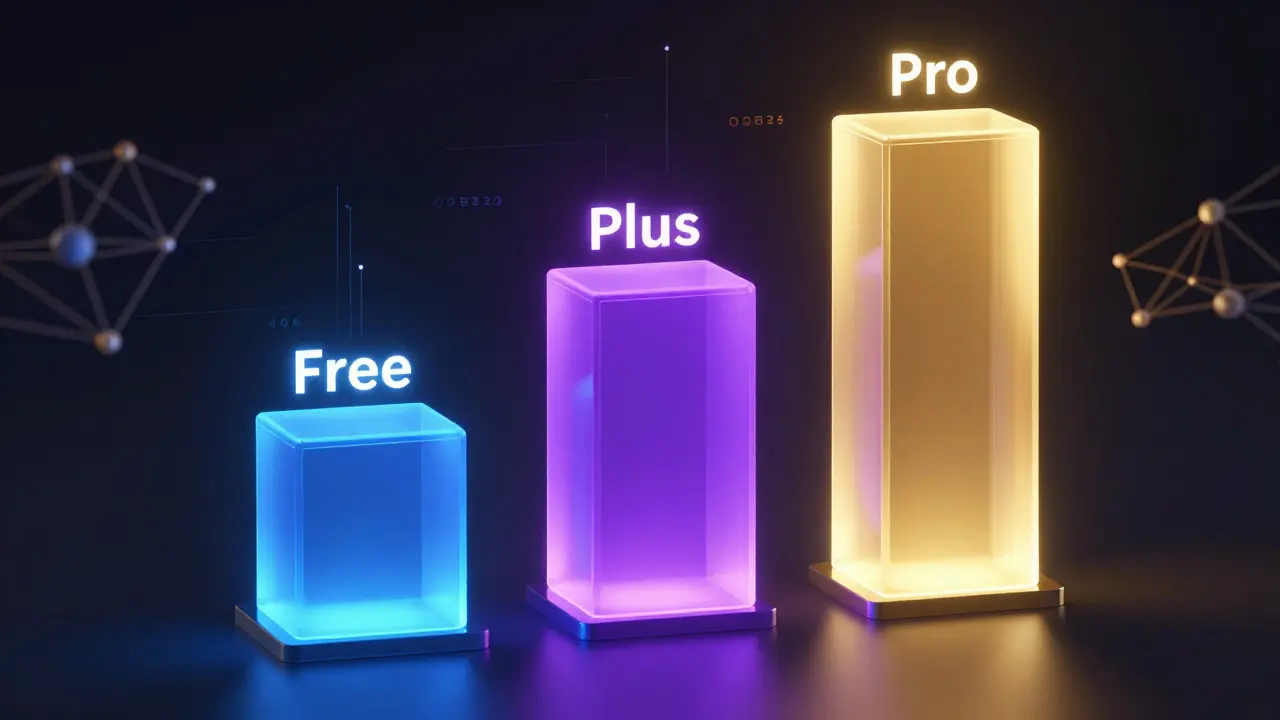 Ilustração conceitual de três pilares representando planos Free, Plus e Pro