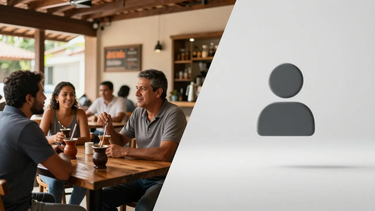Imagem dividida comparando uma cafeteria local acolhedora com um espaço tecnológico minimalista