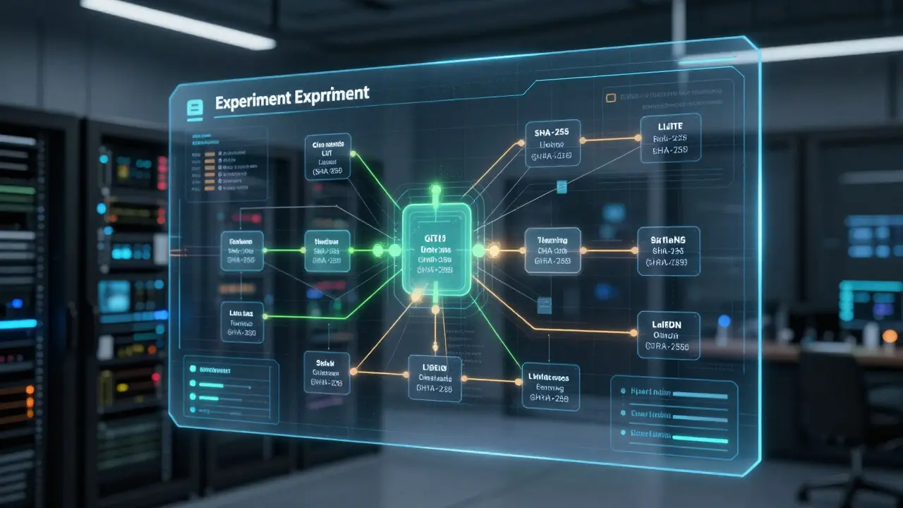 Interface holográfica mostrando rastreamento detalhado de logs e parâmetros de experimentos