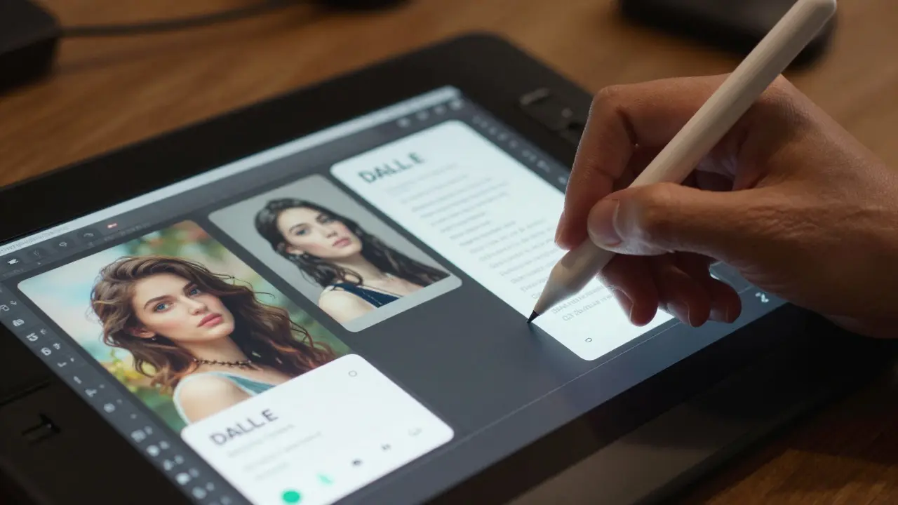 Mão a usar um tablet gráfico com interface holográfica mostrando estilos de IA diferentes