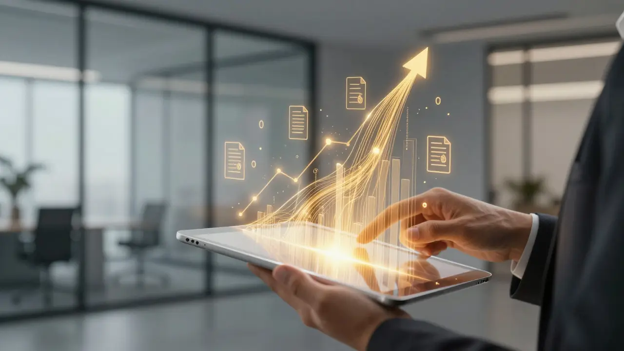 Mãos segurando tablet com gráficos financeiros dourados