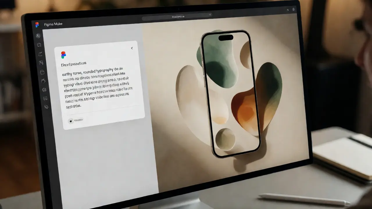 Monitor exibindo o Figma Make gerando uma interface de aplicativo a partir de prompts descritivos.