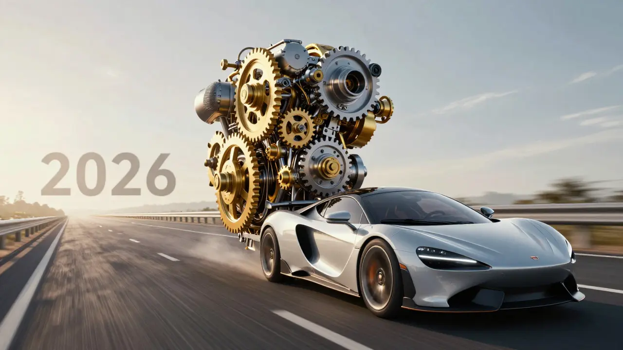 Motor mecânico complexo conectado a um carro futurista