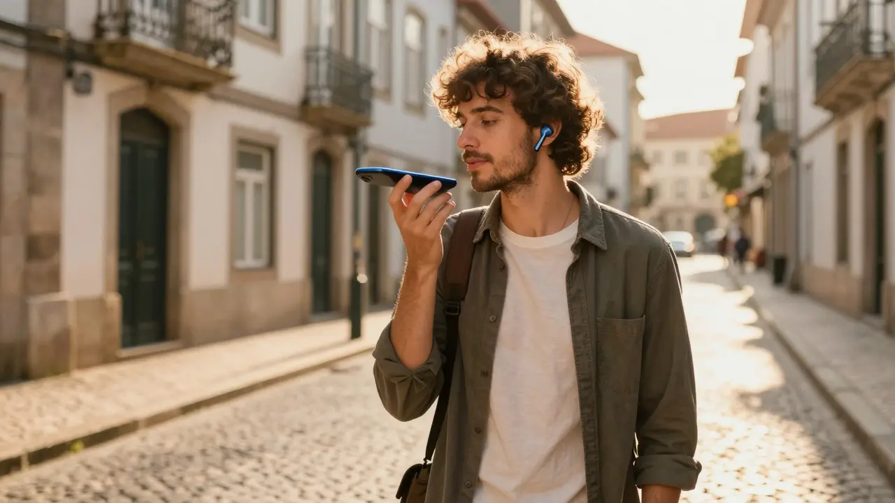 Pessoa a caminhar na rua usando auscultadores e a interagir por voz com o telemóvel