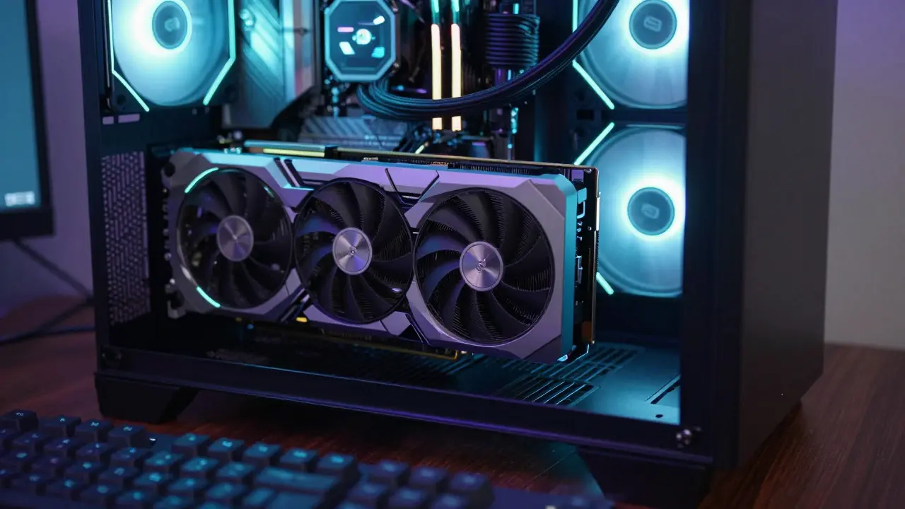 Placa de vídeo NVIDIA com iluminação RGB instalada em um computador aberto, representando o uso local de IA.