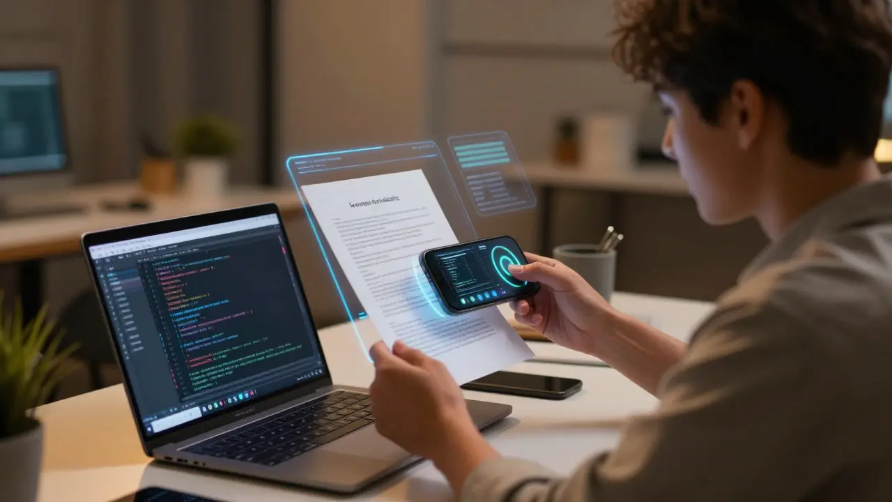 Profissional usando IA por voz e câmera em um ambiente de trabalho moderno