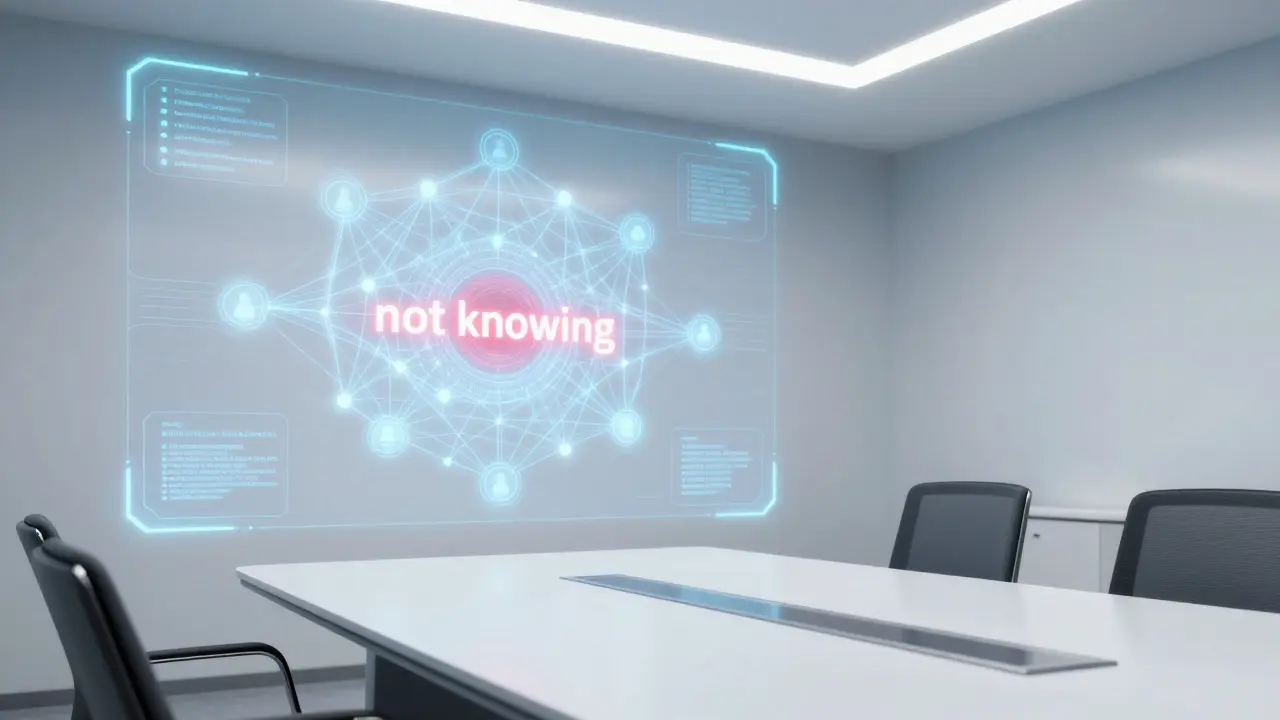 Sala de conferência moderna com projeção holográfica e indicador de alerta