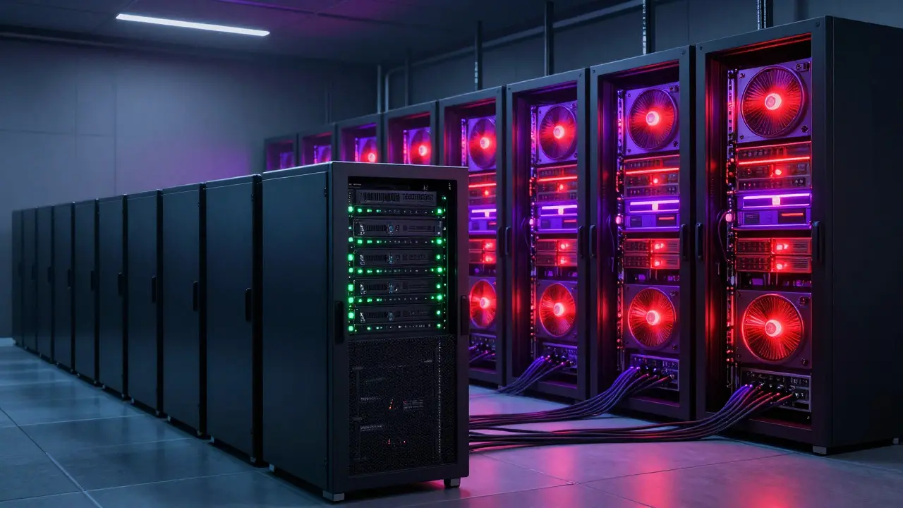 Sala de servidores mostrando a diferença de custo e eficiência entre CPUs leves e GPUs pesadas