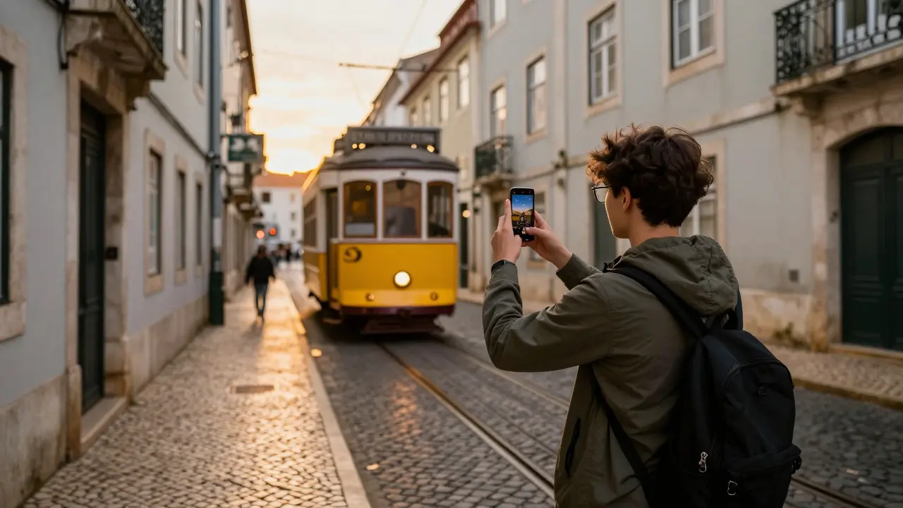 Turista a usar telemóvel em Alfama, Lisboa
