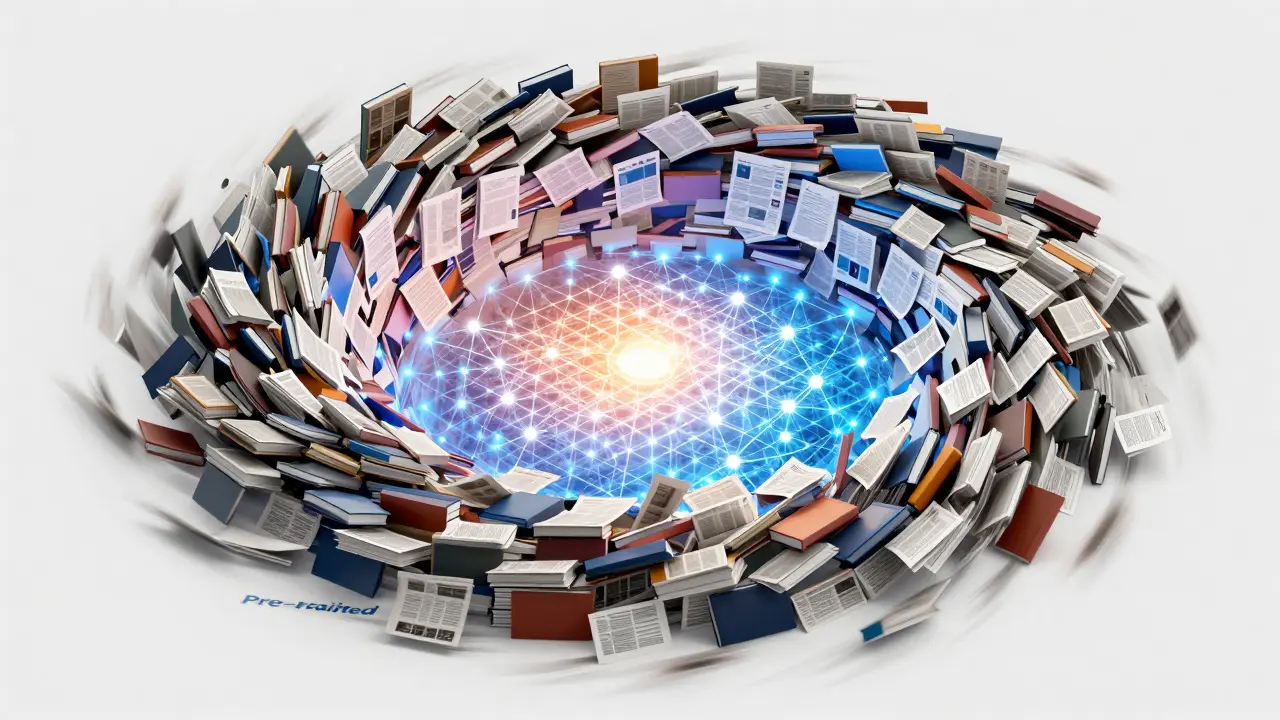 Vórtice de livros e dados transformando-se em rede neural