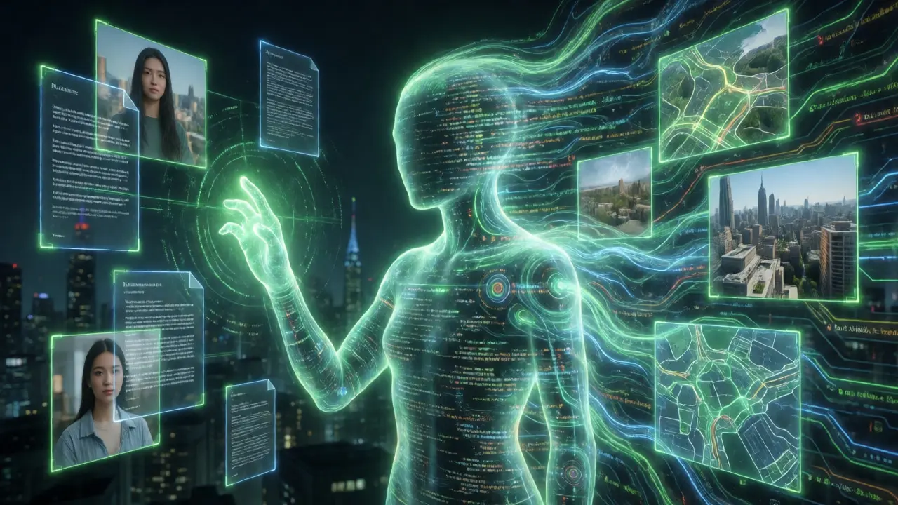 Agente de IA multimodal integrando texto, imagens e sensores em ambiente futurista.