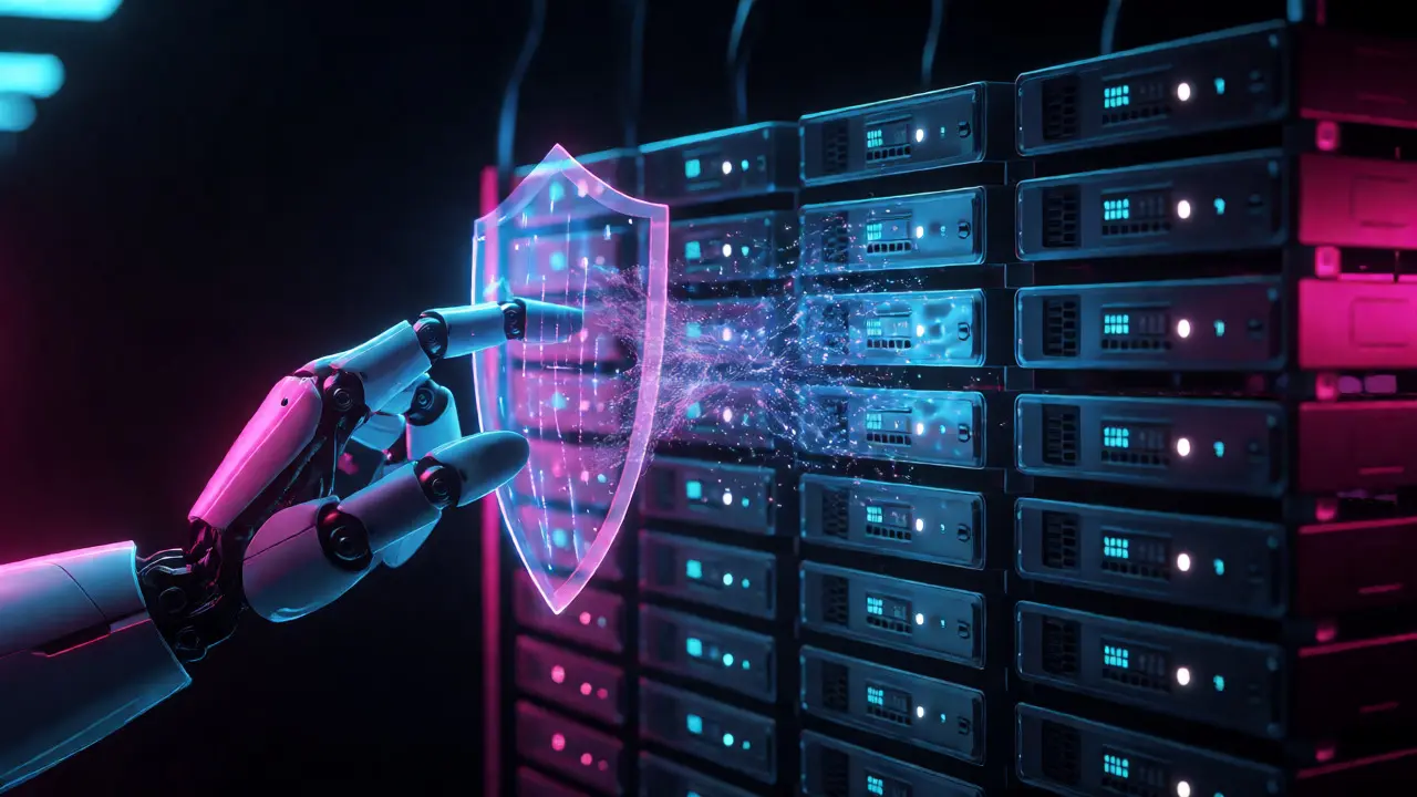 Agente de IA protegido por barreiras digitais contra erros de acoplamento em servidores.