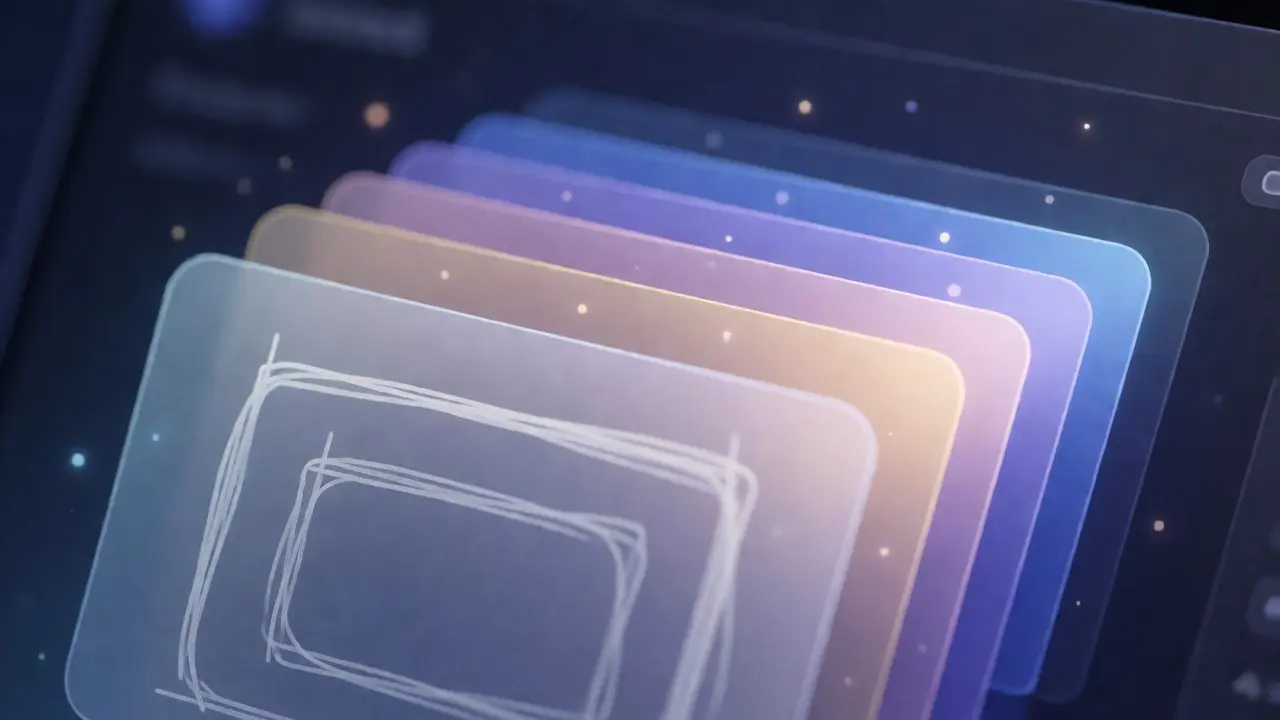 Camadas digitais sobrepostas mostrando a evolução e refinamento iterativo de um prompt de IA.