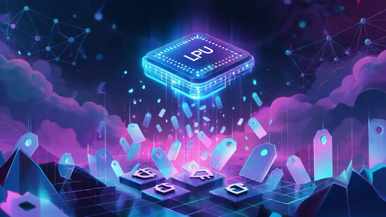 Chip futurista brilhante sobre fragmentos de preços caindo, simbolizando redução de custos.