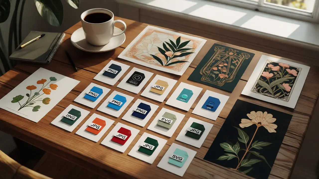 Coleção organizada de arquivos digitais e amostras de impressão sobre mesa de madeira.
